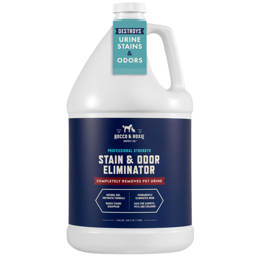 White plastic gallon jug of Rocco & Roxie pet stain and odor eliminator with blue label
