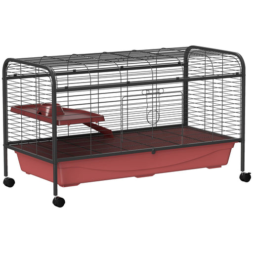 Red and black wire small animal cage with wheels, water bottle, and upper platform visible