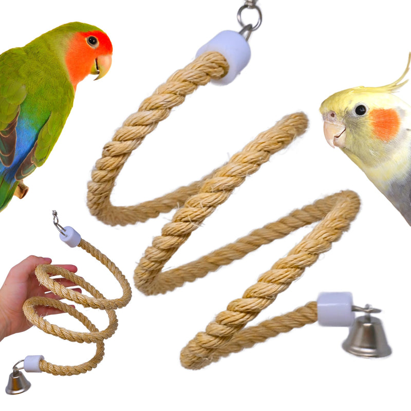Spiral rope bird perch toy with bells and two colorful parrots - lovebird and cockatiel