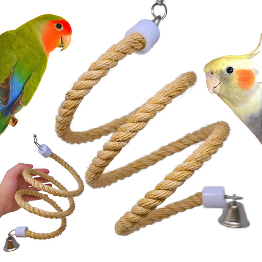 Spiral rope bird perch toy with bells and two colorful parrots - lovebird and cockatiel
