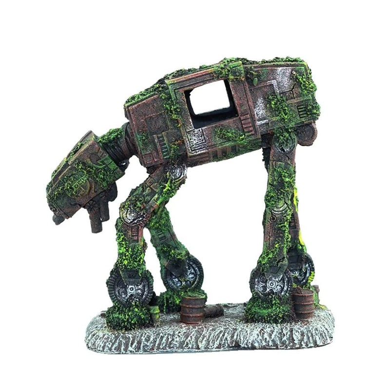Rusted moss-covered AT-AT Walker aquarium ornament on stone base side view