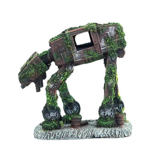Rusted moss-covered AT-AT Walker aquarium ornament on stone base side view
