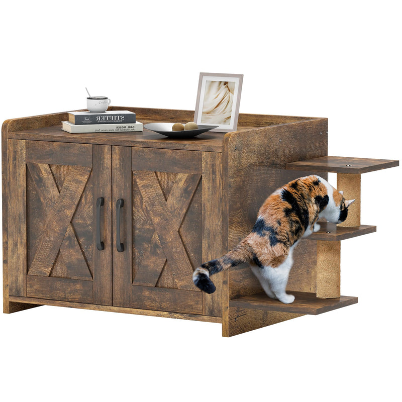 Rustic brown wooden cat furniture cabinet with X-pattern doors and calico cat climbing stairs