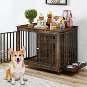 Rustic wooden dog crate with black metal bars, corgi sitting outside, food bowls and decor on top