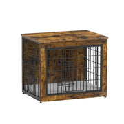 Rustic wooden dog crate with black metal bars and double doors on white background