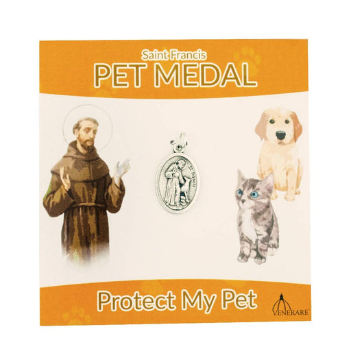 Saint Francis silver pet medal on orange packaging card with illustrated dog and cat