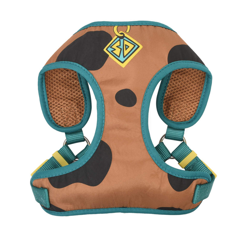 Brown and teal Scooby-Doo dog harness back view showing mesh padding and adjustable straps