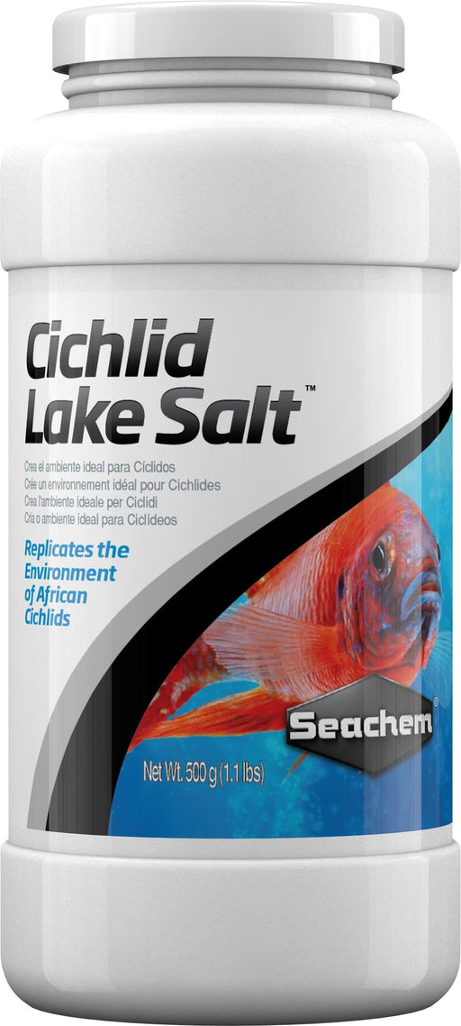 White container of Seachem Cichlid Lake Salt showing red cichlid fish and product details