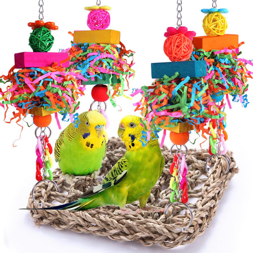 Two green budgerigars in woven seagrass hammock with colorful hanging foraging toys above