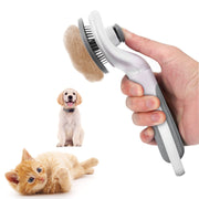 Hand holding white pet grooming brush with loose fur above, orange kitten and golden puppy below