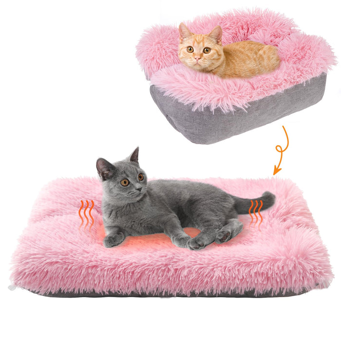 Pink fluffy cat bed showing transformation from bolster bed to flat mat with gray cat demonstrating