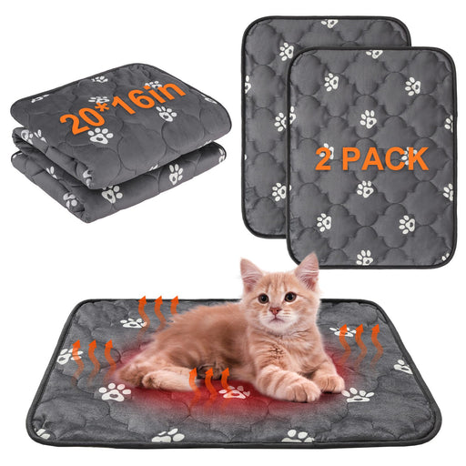 Gray self-warming pet pads with paw prints, shown folded and flat with orange tabby kitten