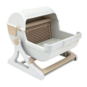 White and beige semi-automatic cat litter box with open top showing sifting mechanism and litter