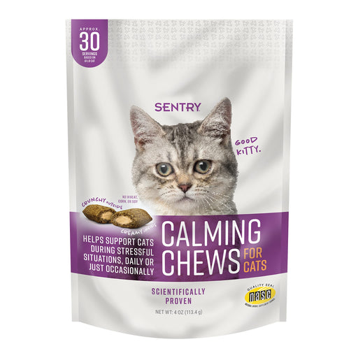 Sentry Calming Chews for Cats 4oz bag with tabby cat photo and purple label