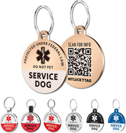 Rose gold service dog QR tag showing front and back with scan for info code