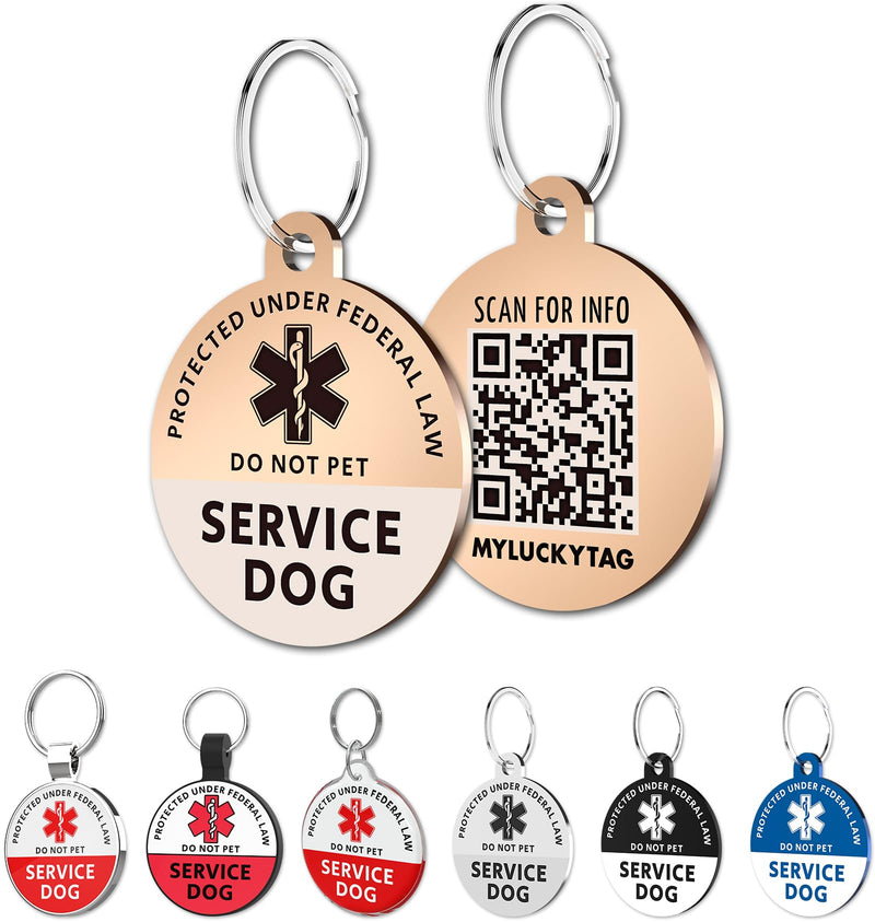 Service dog QR tag showing front and back with scan for info code and color variants