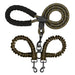 Olive green dual bungee dog leash with shock absorbing coils and black padded handle on white
