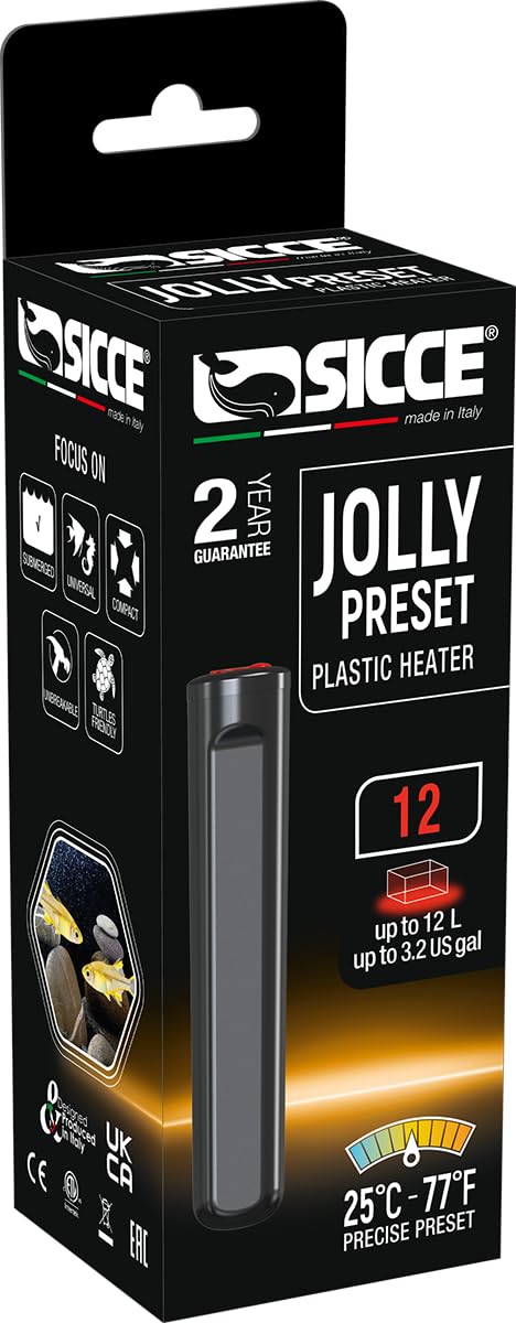 Black retail packaging box for Sicce Jolly Preset plastic aquarium heater showing product