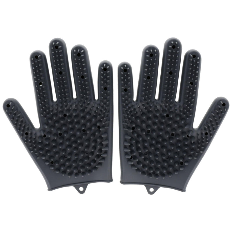 Pair of dark gray silicone pet grooming gloves with textured rubber nubs on palms and fingers
