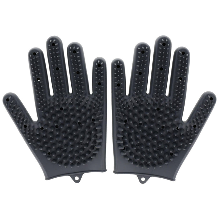 Pair of dark gray silicone pet grooming gloves with textured rubber nubs on palms and fingers