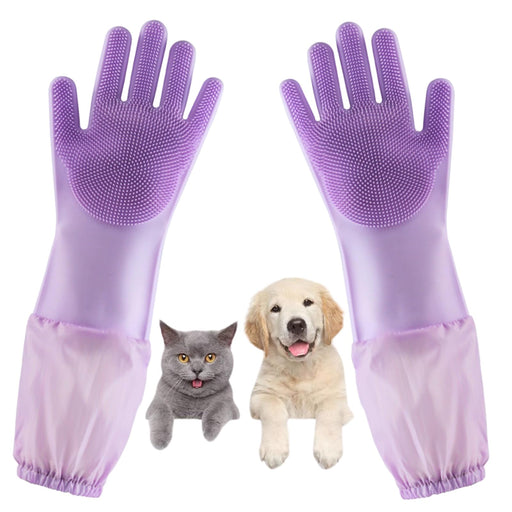 Purple silicone pet grooming gloves with textured palms shown with gray cat and golden puppy