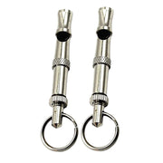 Two silver metal dog training whistles with keyrings on white background