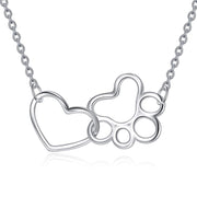 Sterling silver necklace with open heart and paw print pendants linked on cable chain