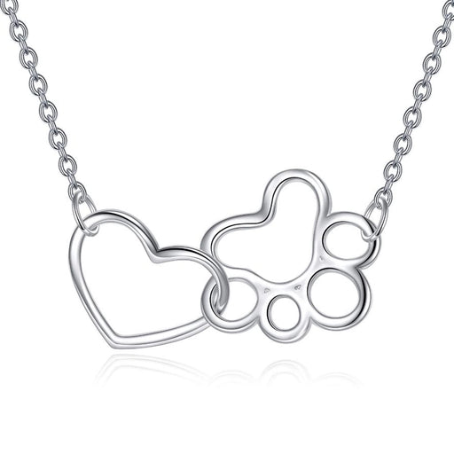 Sterling silver necklace with open heart and paw print pendants linked on cable chain