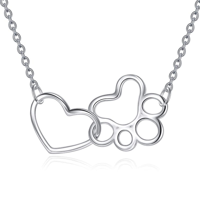 Sterling silver necklace with interlocked open heart and paw print pendants on cable chain