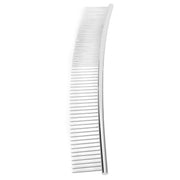 Side view of a curved silver stainless steel pet grooming comb with uniform teeth