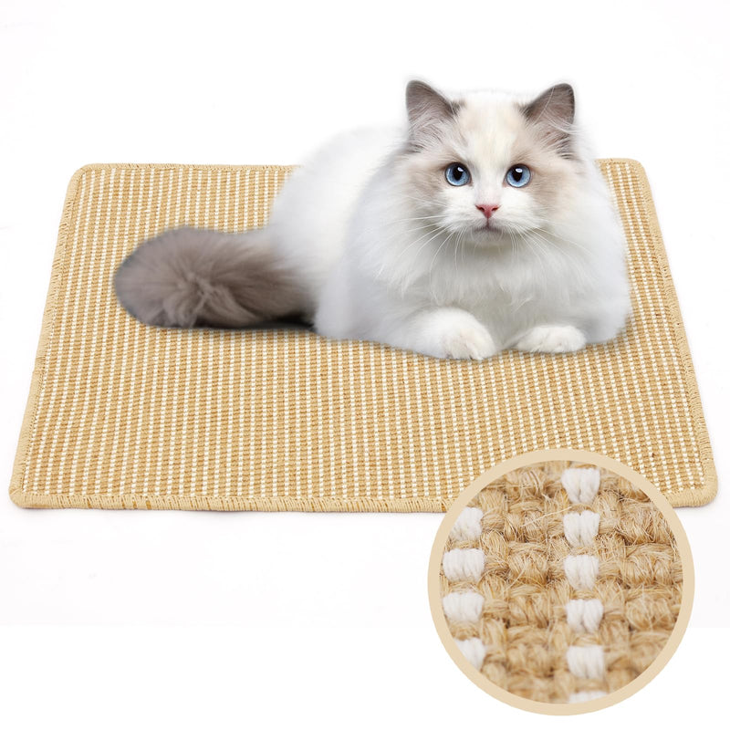 White and gray Ragdoll cat sitting on natural sisal scratching mat with texture detail inset