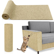 Sisal cat scratch mat protecting gray sofa from tabby cat scratching, showing rolled mat options