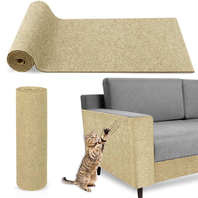Sisal cat scratch mat protecting gray sofa from tabby cat scratching, showing rolled mat options