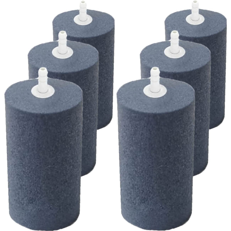 Six dark blue cylindrical aquarium air stones with white stems arranged in two rows