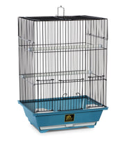 Small slate blue bird cage with black wire bars, perches, and feeding dishes on white background