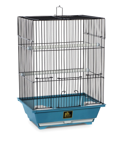 Small slate blue bird cage with black wire bars and perches on white background