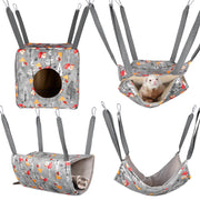 Four grey hammocks with woodland pattern for small pets, showing different styles and ferrets inside