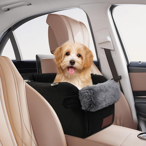 Small golden dog sitting in black car seat booster with gray fuzzy trim in beige car interior