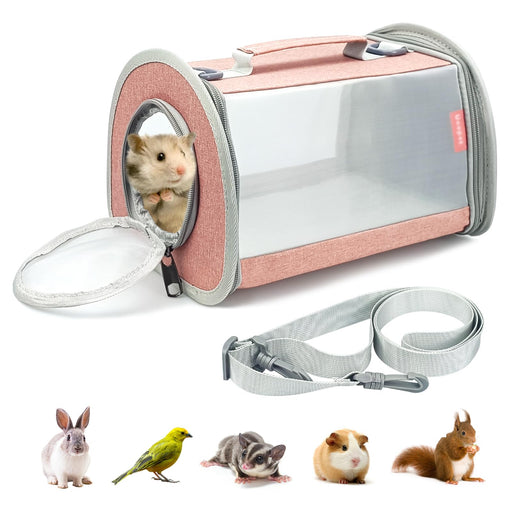 Pink and gray small pet carrier with hamster peeking out, shoulder strap, and small animals below