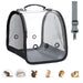 Transparent pet carrier with mesh panels and shoulder strap showing small animals below