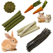 Assorted natural chew toys including apple wood sticks, carrot treats, and small pets hamsters