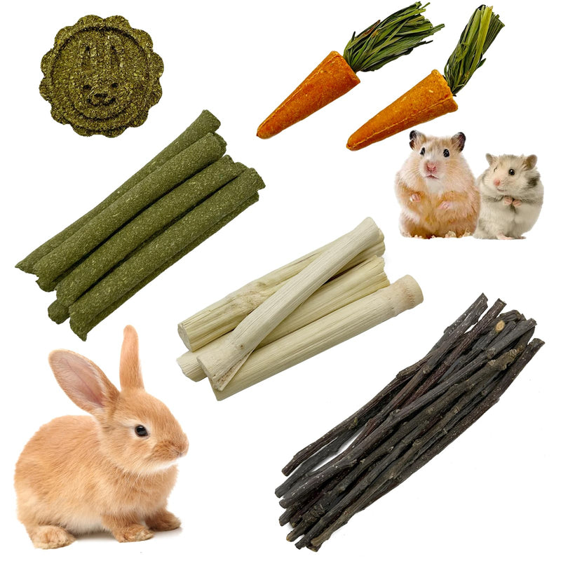 Assorted natural chew toys including apple wood sticks, carrot treats, and small pets hamsters