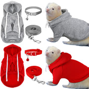 Small pet hoodies with collars and leashes in gray and red colors shown with ferret models