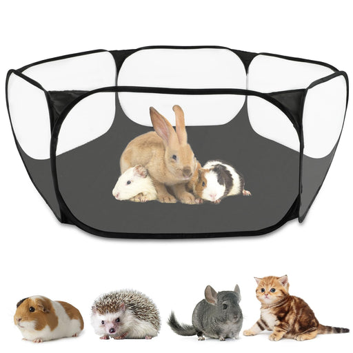 Black octagonal small pet playpen with rabbit and guinea pigs inside and animals shown below