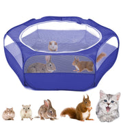 Blue mesh pet playpen with small animals inside and variety of pets shown below