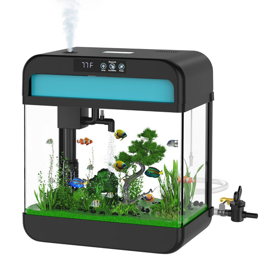Smart aquarium with digital display, blue LED lighting, colorful tropical fish and green plants
