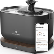 Gray smart cat water fountain with phone app showing water intake tracking dashboard