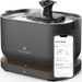 Gray smart cat water fountain with phone app showing water intake tracking dashboard