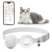 White AirTag collar on gray and white kitten with phone showing tracking map interface