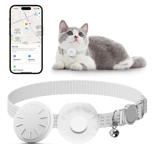 White AirTag collar on gray and white kitten with phone showing tracking map interface
